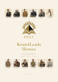 KemetLeads Heroes — couverture du calendrier mural, l'année 2027 sous l'emblème, douze héros gravés