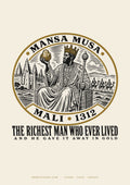 Mansa Musa engraved medallion poster — Mali 1312, the richest man who ever lived