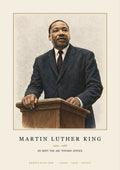 Martin Luther King engraved poster — hand-tinted engraving at the lectern, gold plate rules