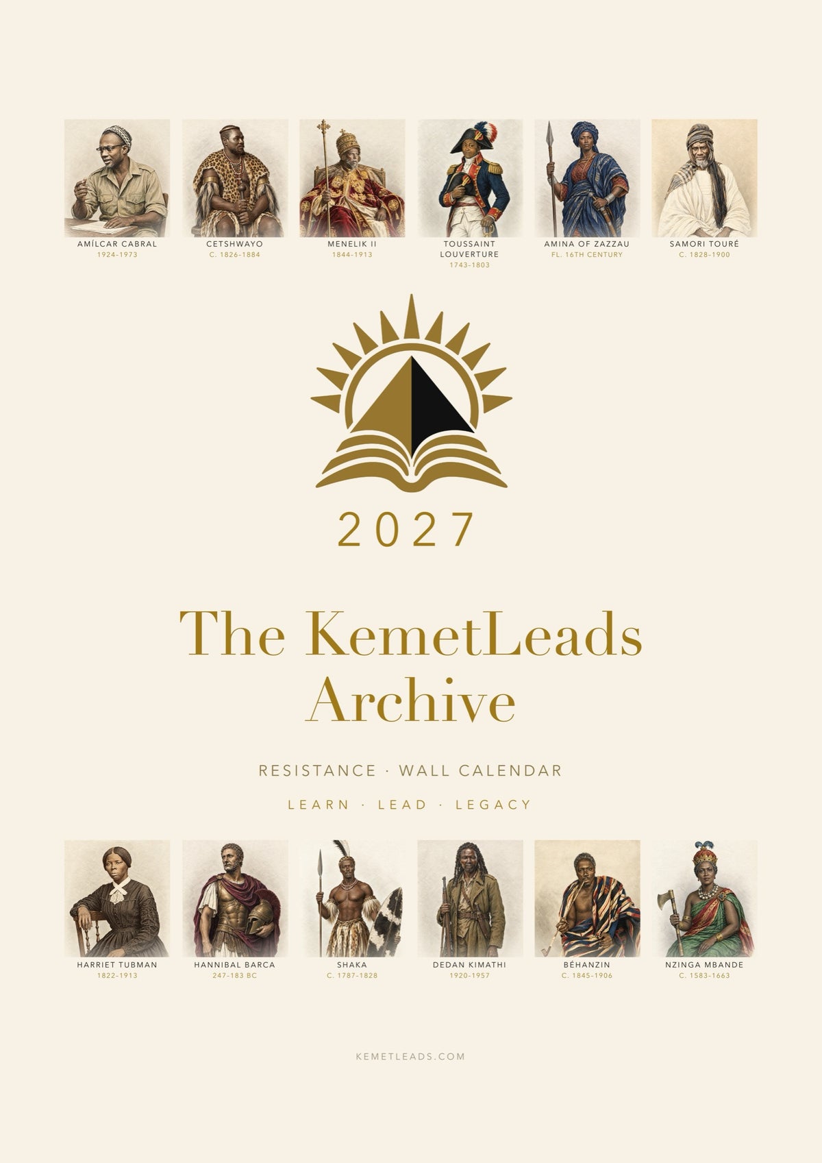 Resistance 2027 calendar cover — twelve who fought empires, the year 2027 under the KemetLeads mark
